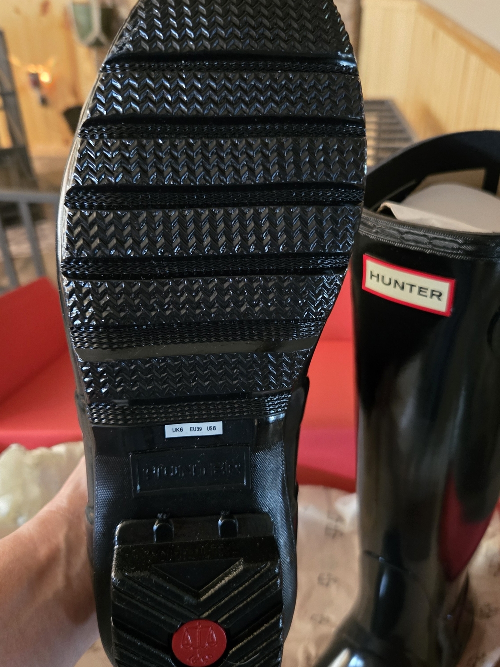 Hunter Women's Gloss Black Rain Boots with Red Logo